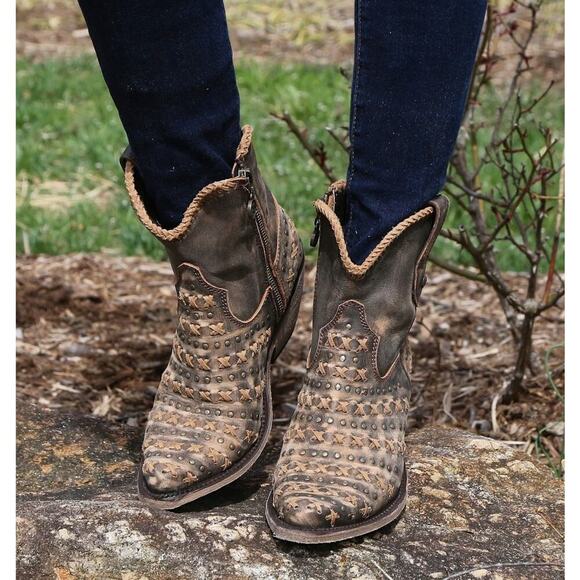 Liberty Black Vintage Canela Studded Leather Boots Brown Distressed Booties - Picture 4 of 16